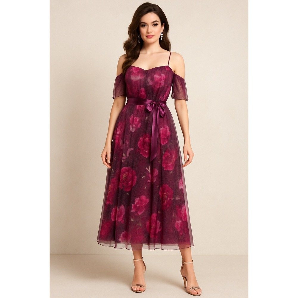 Candalite Plum Floral Glitter Tulle Maxi Dress Size M Romantic Fairytale Cottage